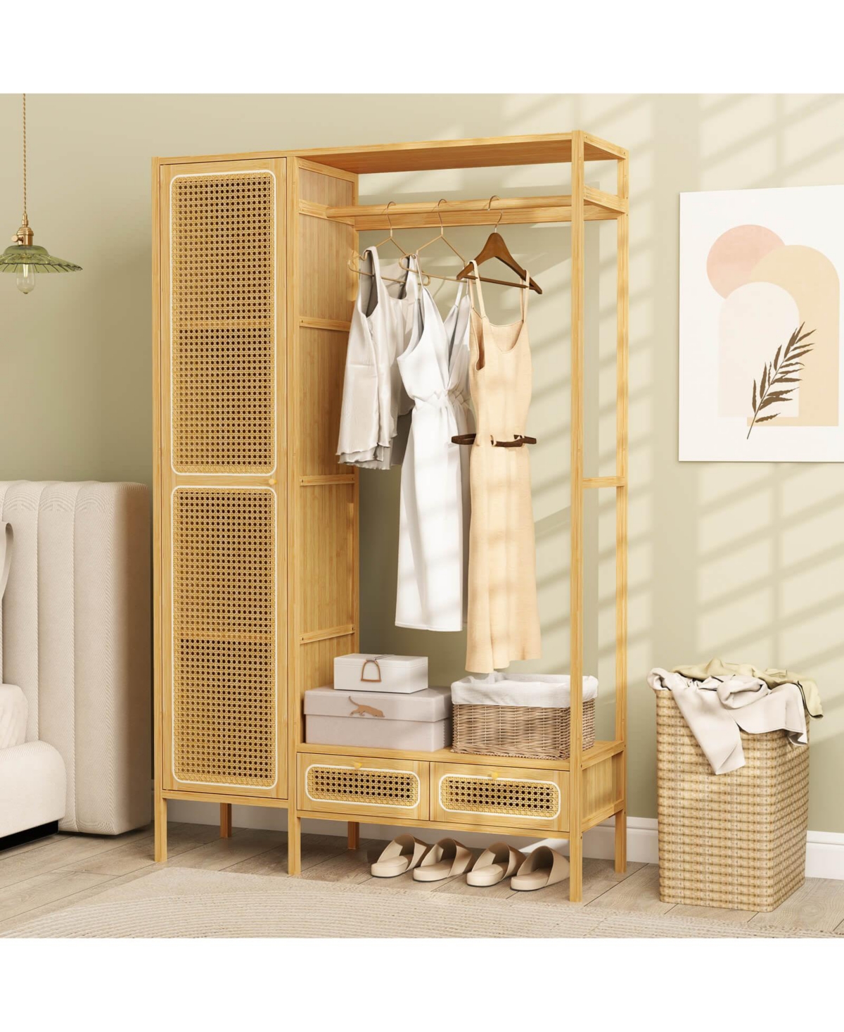 Costway Bamboo Clothing Rack with Cabinet Hanging Rod Storage Shelf & Drawers for Foyer