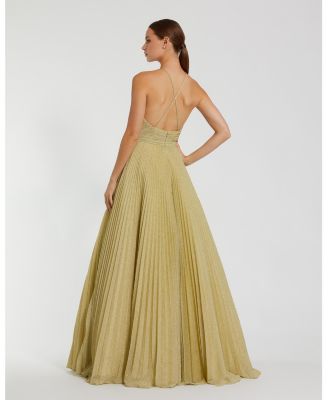 Women's Shimmering Pleated Georgette High Neck Gown