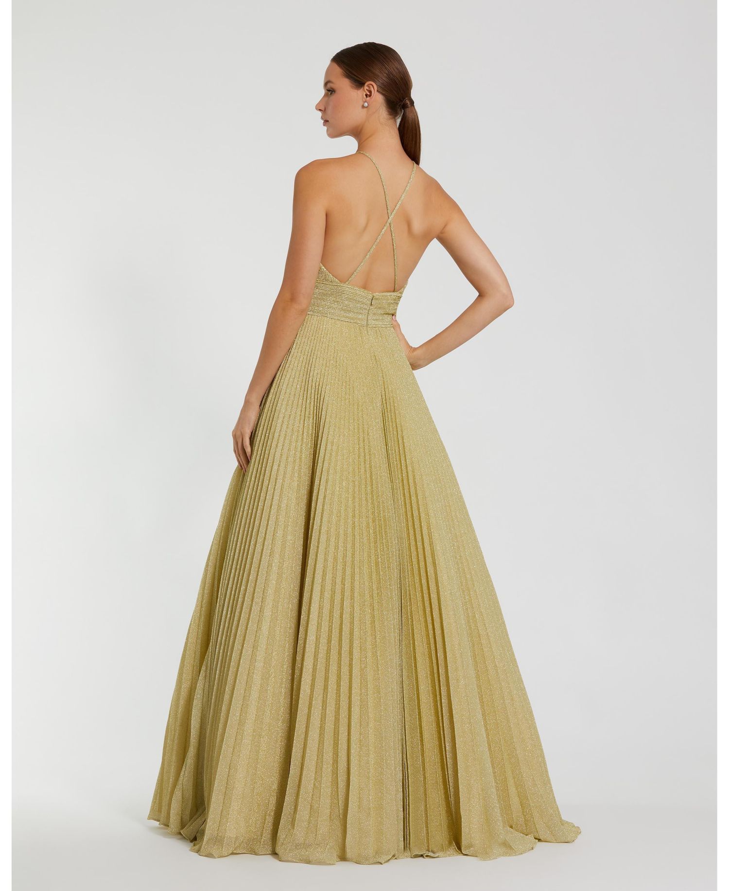 Women's Shimmering Pleated Georgette High Neck Gown