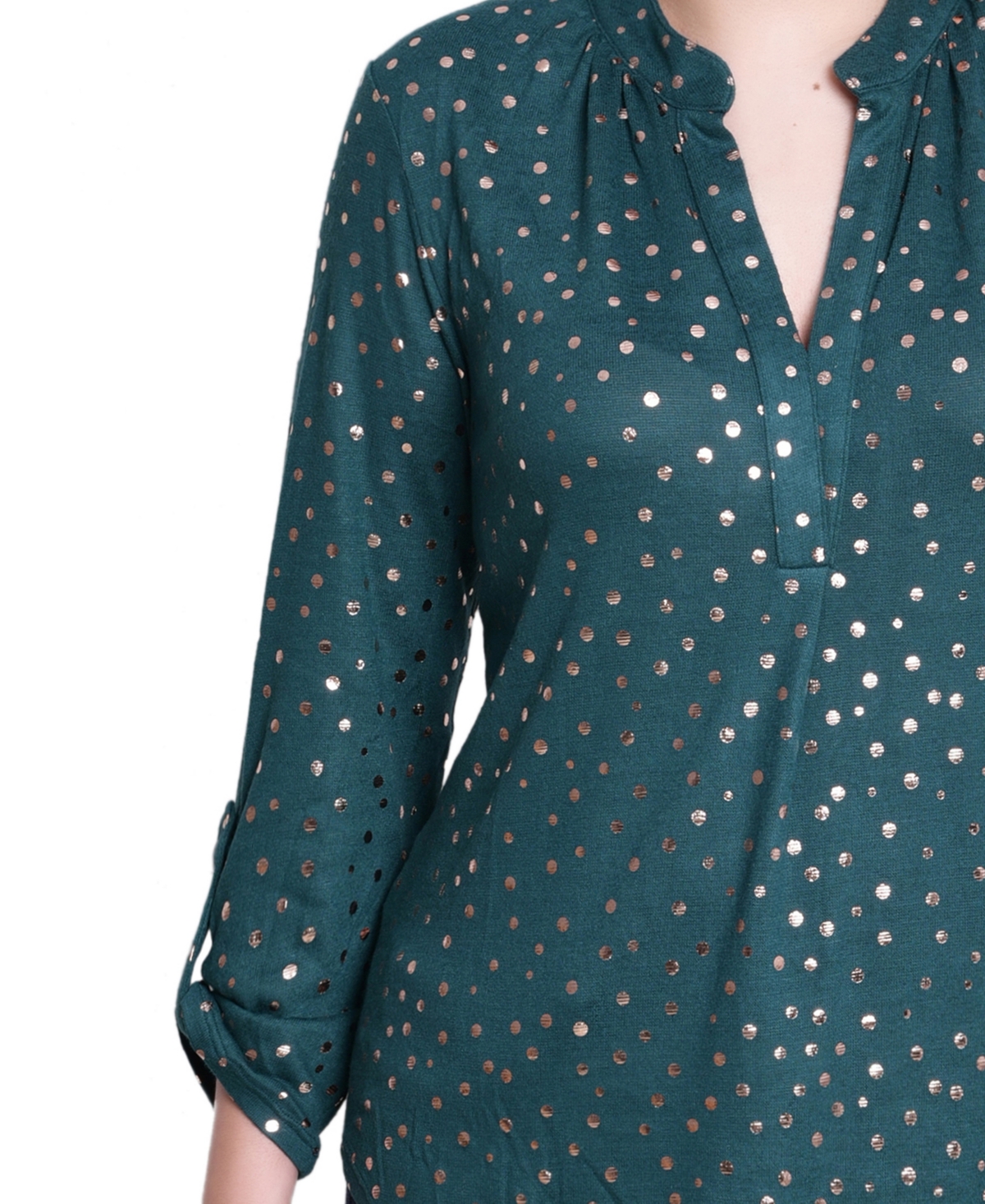 Ny Collection Petite Long Roll Tab Sleeve Tunic Top In Blue