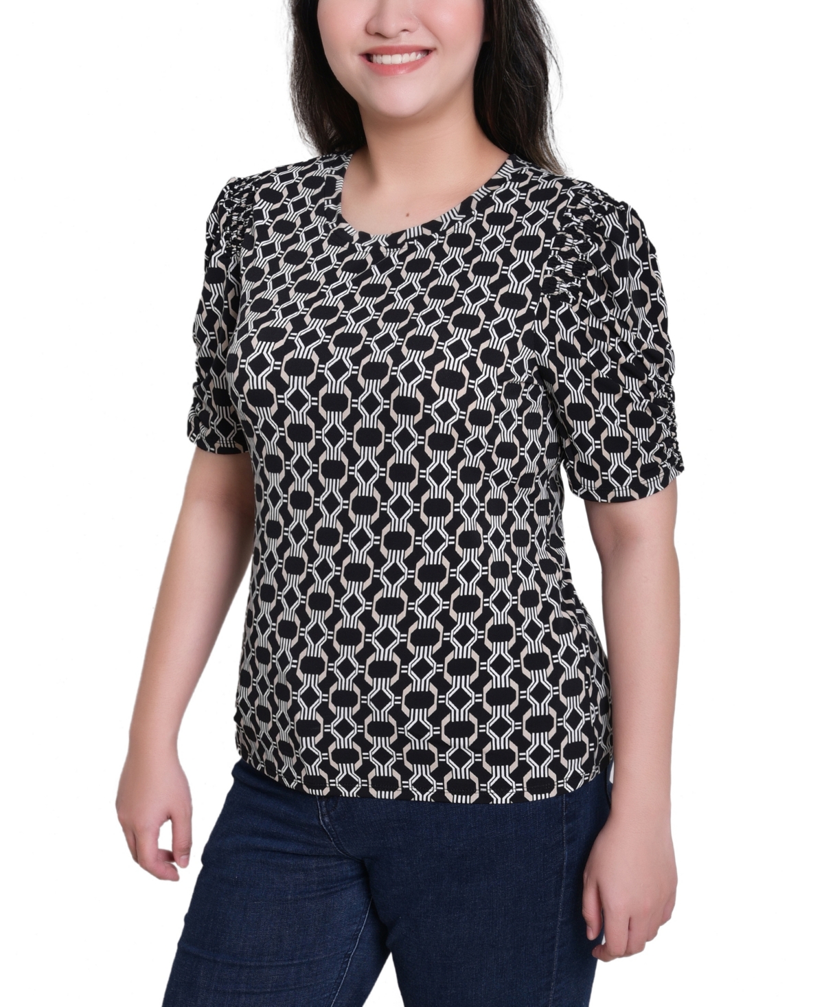 Ny Collection Petite Short Sleeve Scoop Neck Top In Gray