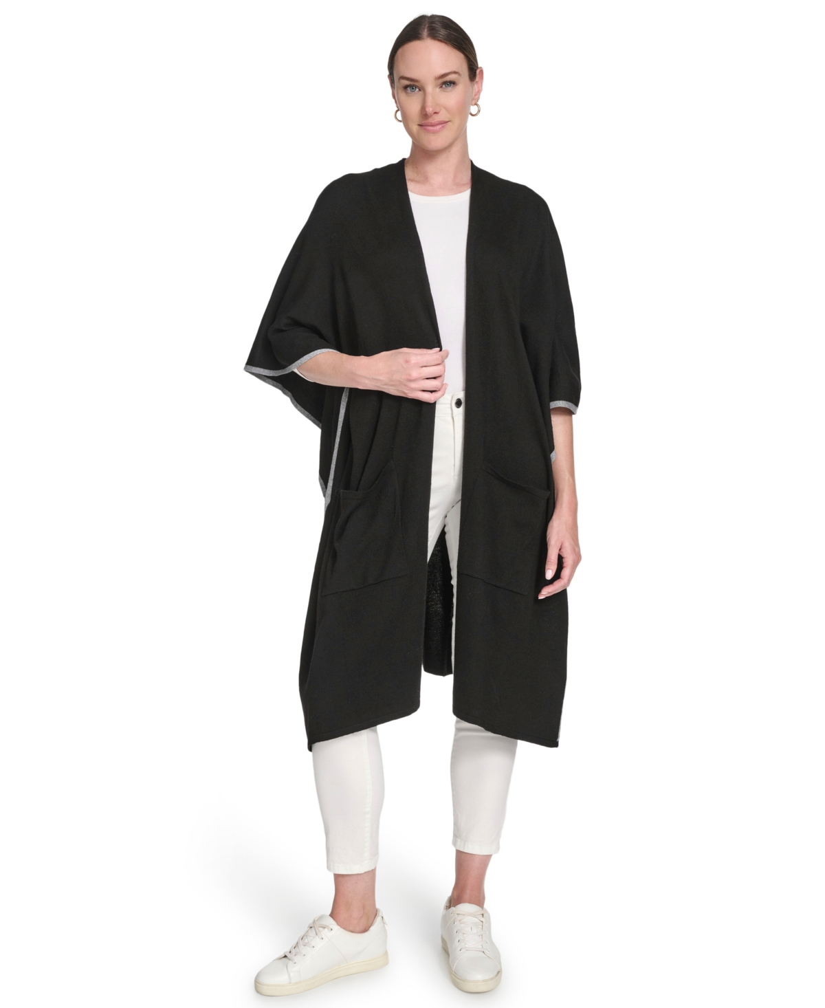 Calvin Klein Tipped Knit Shawl Ruana In Black