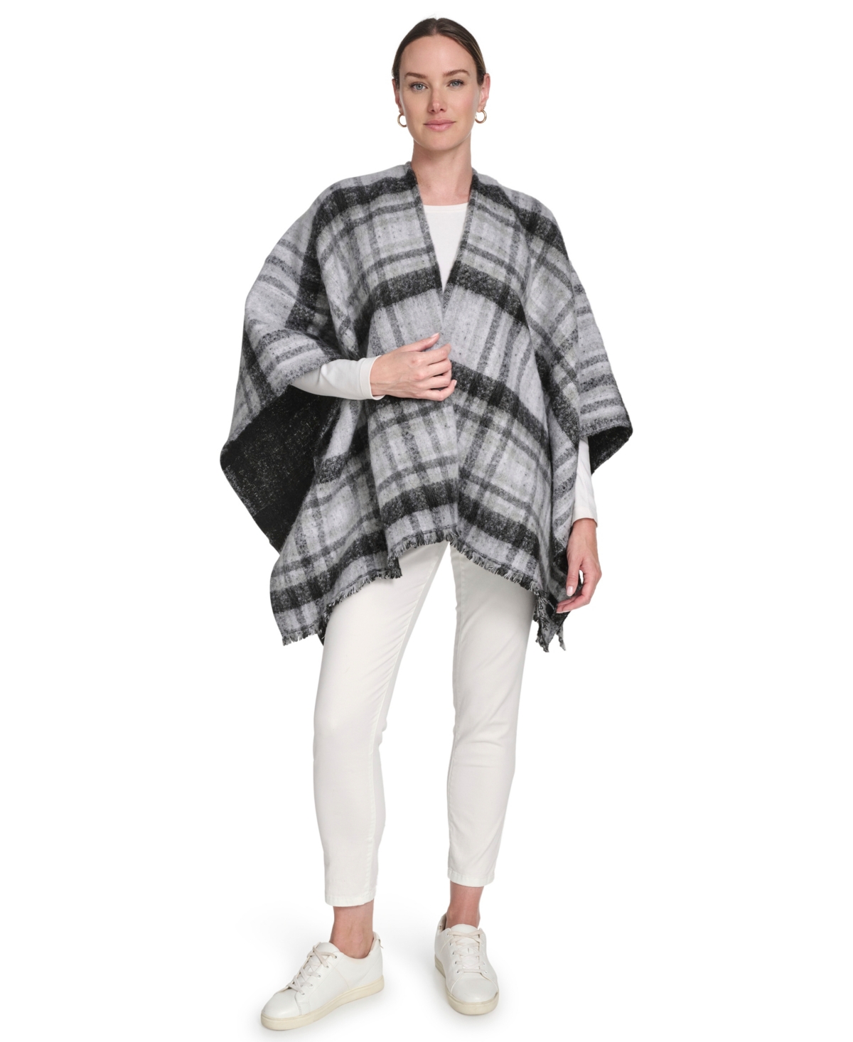 Calvin Klein Double Face Plaid Shawl In Black
