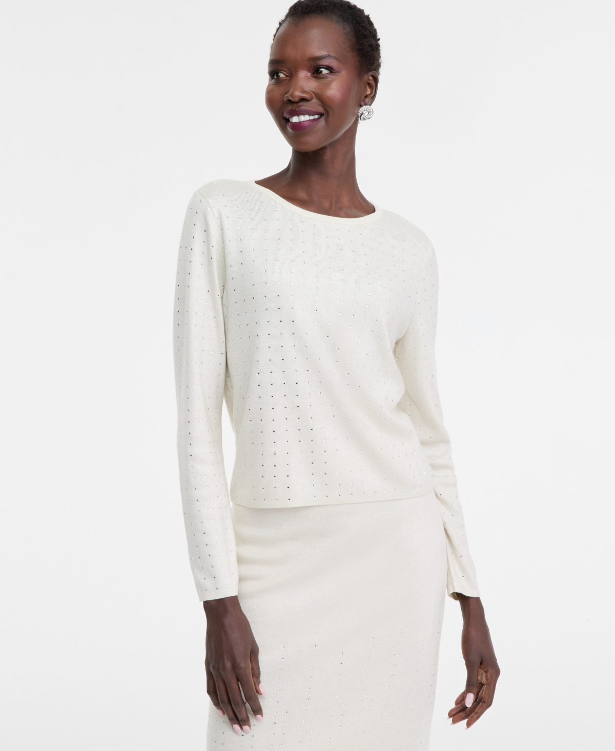 Inc International Concepts Women's Rhinestone Scoop-neck Sweater, Macy's Exclusive In White
