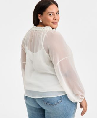 Trendy Plus Size Crinkle-Chiffon Tie-Neck Blouse, Macy's Exclusive