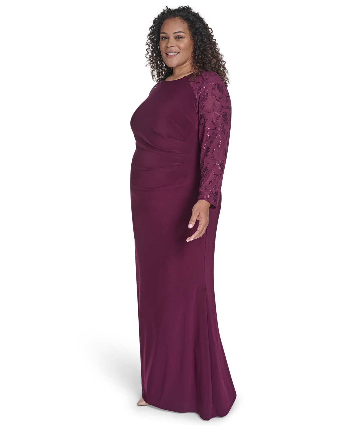 Jessica Howard Plus Size Raglan Sleeve Combo Gown In Burgundy