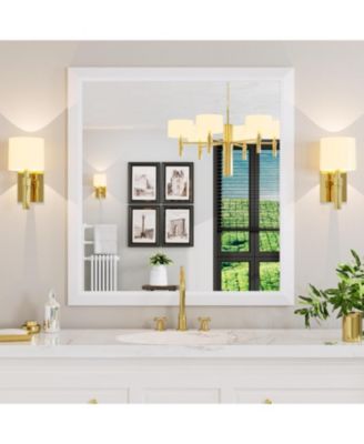 Bathroom Mirror, 40" x 38" Inch Thick Metal Framed Wall Mirrors for Over Sink, Bedroom, Living Room, Entryway, Rectangle Wall-Mounted Mirrors in White(Horizontal/Vertical)