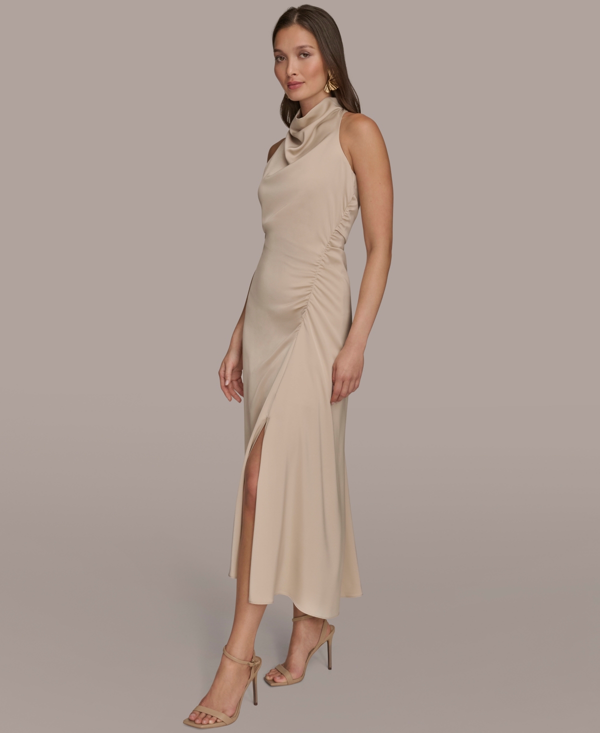 Donna Karan New York Satin Cowl Neck Midi Dress In Brown