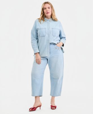 Trendy Plus Size Embellished Collar Denim Shirt, Macy's Exclusive