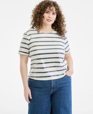 Plus Size Crewneck Printed Base Stripe Sequin T-Shirt, Macy's Exclusive