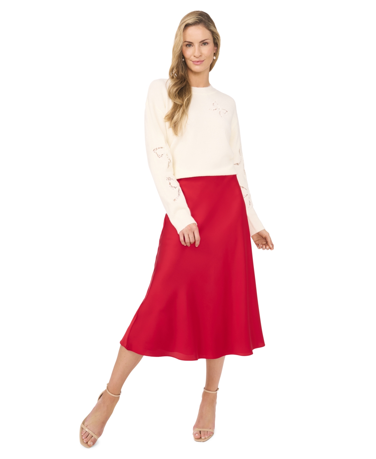 CeCe Women's A-line Side-Zip Satin Midi Skirt - Stoplight Red