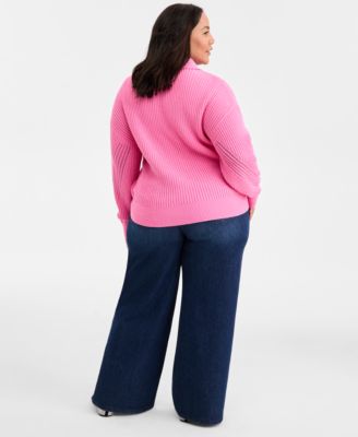 Trendy Plus Size Pointelle Zip-Front Cardigan & Embellished Wide-Leg Jeans, Macy's Exclusive