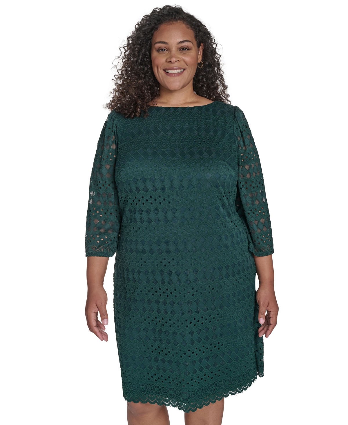 Jessica Howard Plus Size Lace 3/4-sleeve Shift Dress In Green