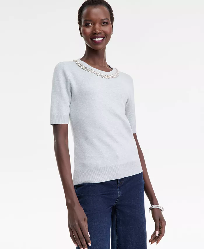 Women's Short-Sleeve Embellished-Neck Sweater