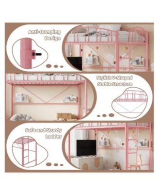 Loft Bed Twin Size, Heavy Duty Metal Loft Bed Frame with Arched Guardrail and Safety Ladder, Space-Saving, No Box Spring Needed, Pink