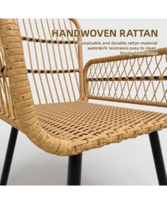 3 Piece Patio Bistro Set, Outdoor Wicker Conversation Set with Round Glass Top Coffee Table and Cushioned Chair, All-Weather Rattan Patio Furniture for Porch Balcony, Beige