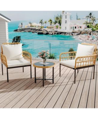 3 Pieces Wicker Patio Bistro Sets Outdoor Conversation Sets with Glass Top Side Table and 2 Modern Rattan Chairs, Patio Furniture Set for Apartment, Backyard, Porch, Balcony, Lawn (Beige)