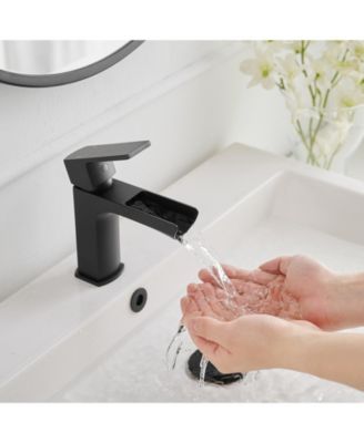 Drip-Free Waterfall Low-Arc Single Handle Modern Bathroom Sink Faucet with Drain Assembly