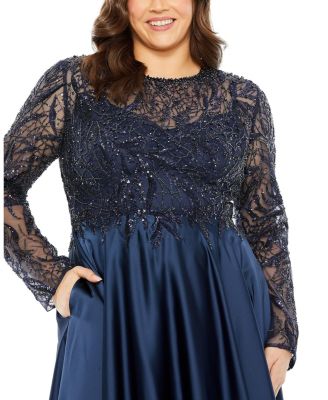 Women's Sheer Long Sleeve Beaded Top Satin Gown