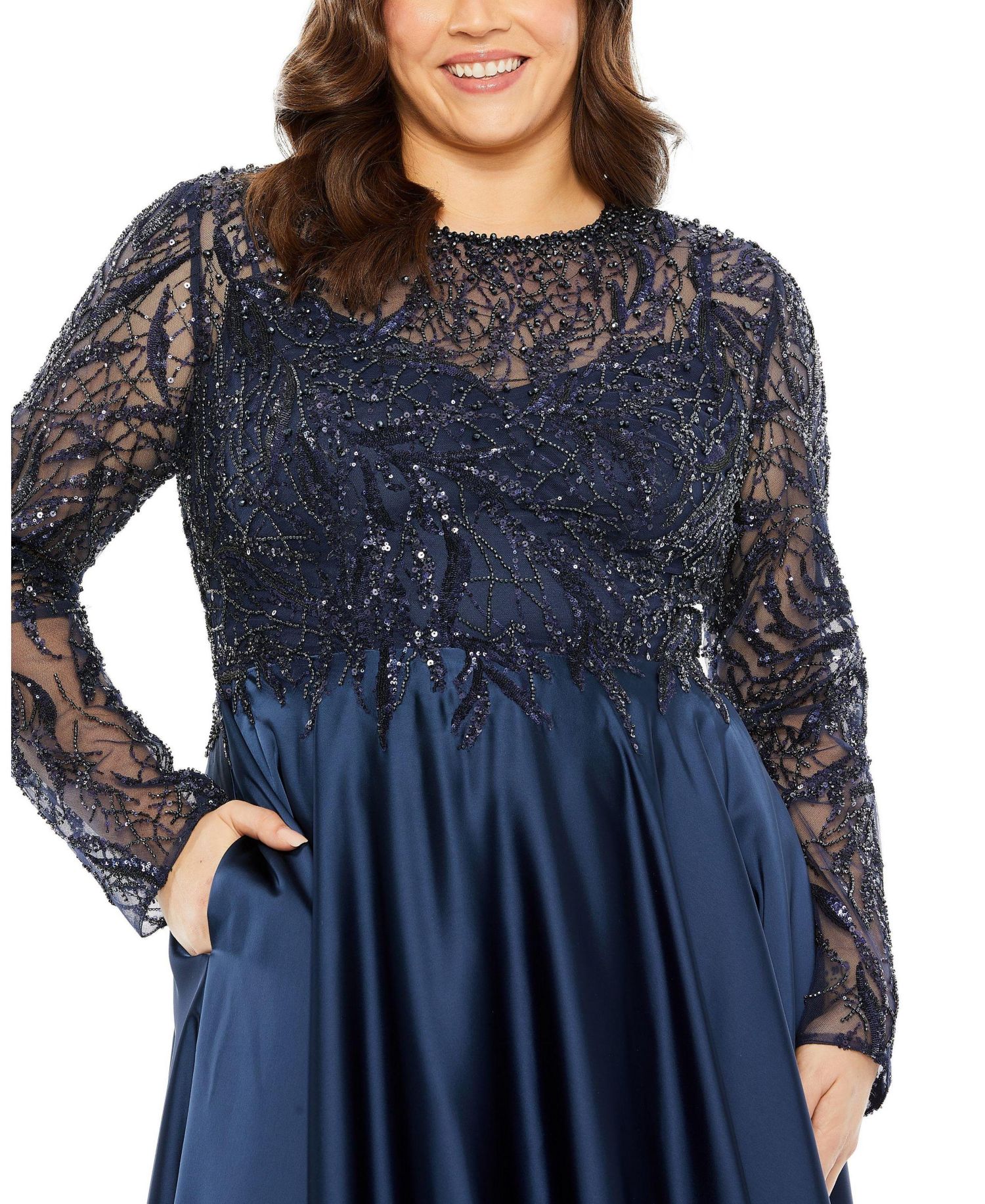 Women's Sheer Long Sleeve Beaded Top Satin Gown