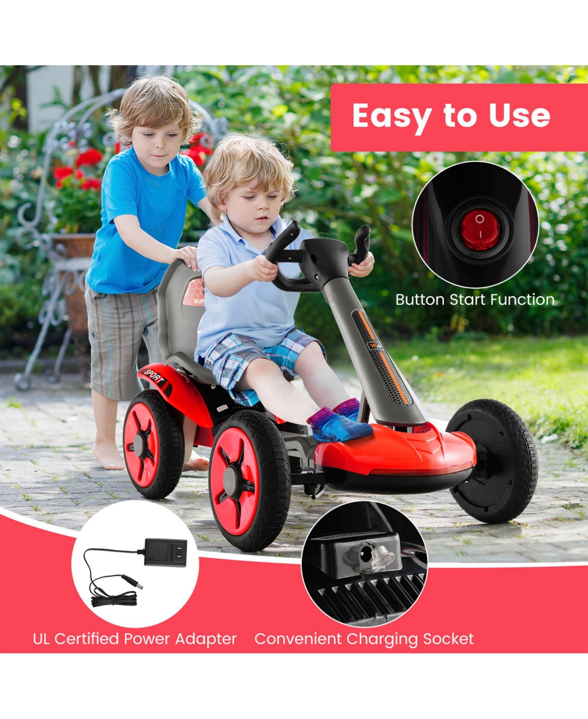 Pedal Powered 4-Wheel Toy Car with Adjustable Steering Wheel and Seat
