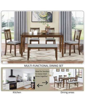 CASAINC 6 Pc. Set MDF, Birch Veneer, Solid Wood Bench, Upholstered Chairs, Space-Saving Dining Table Set