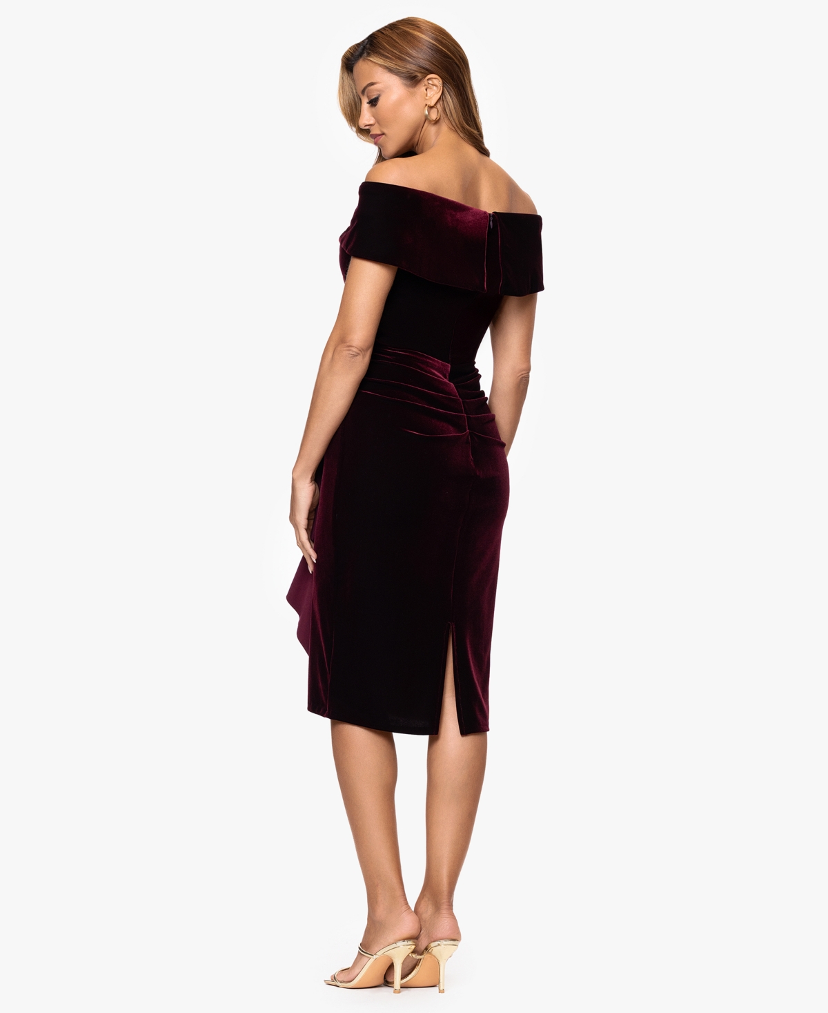 Xscape Women's Off Shoulder Neck Dress In Burgundy