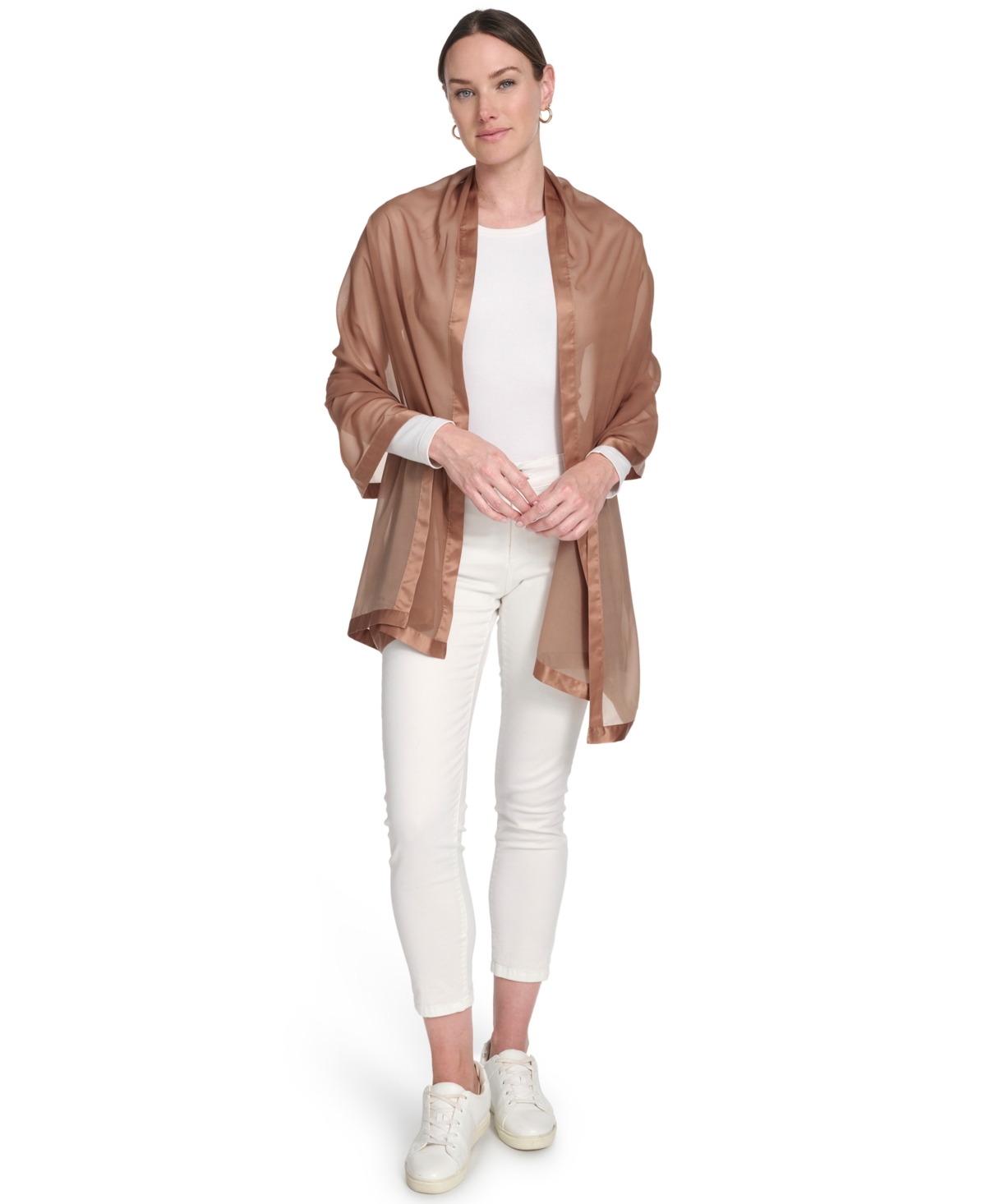 Calvin Klein Elegant Satin-trim Chiffon Evening Wrap In Brown