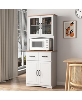 Wooden Kitchen Pantry Cabinet with Glass Doors and Storage Drawer