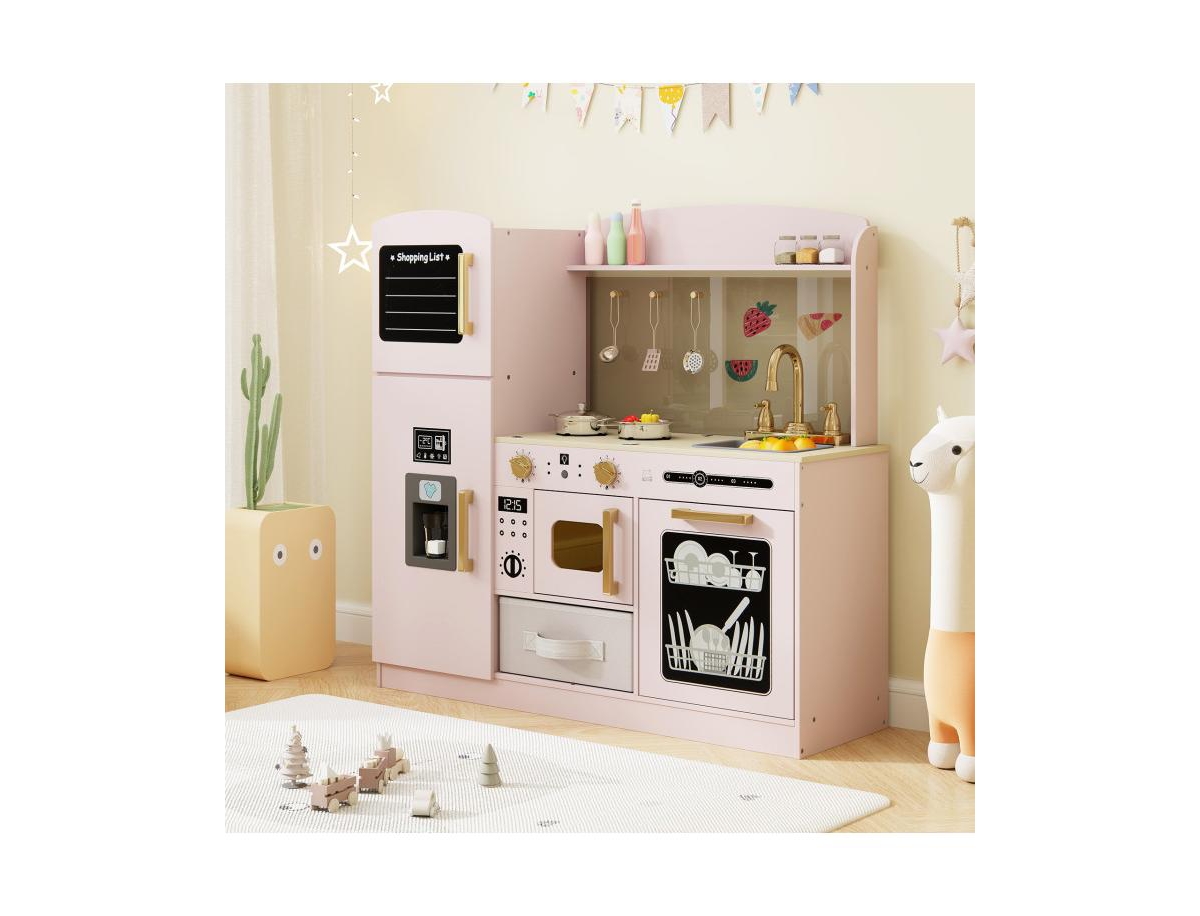 Wooden Kids Kitchen Playset with Chalkboard, Ice Maker & Microwave – Pink