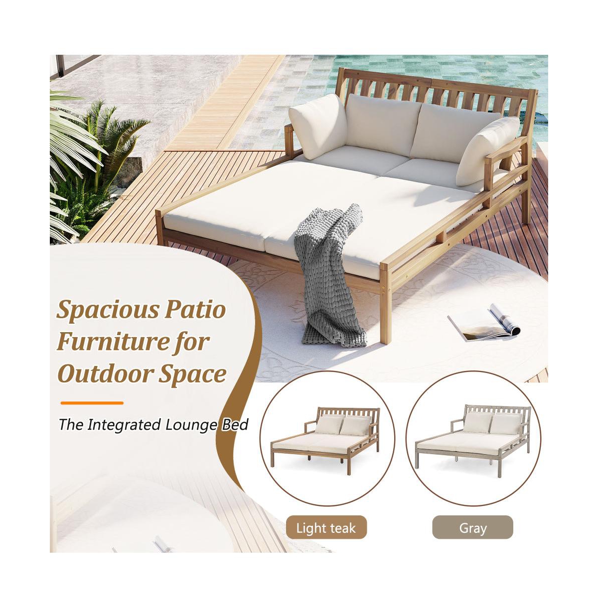 Chic Crate-Outdoor Teak Daybed Chaise Lounges 4 Pillows & Curved Armrests | Patio & Garden Multi-Use | Light Teak & Beige Cushion