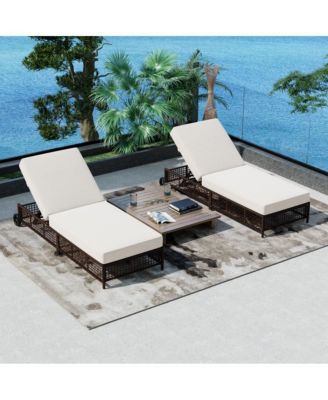 - Set of 2 Adjustable Rattan Pool Lounge Chairs with Wheels - Brown