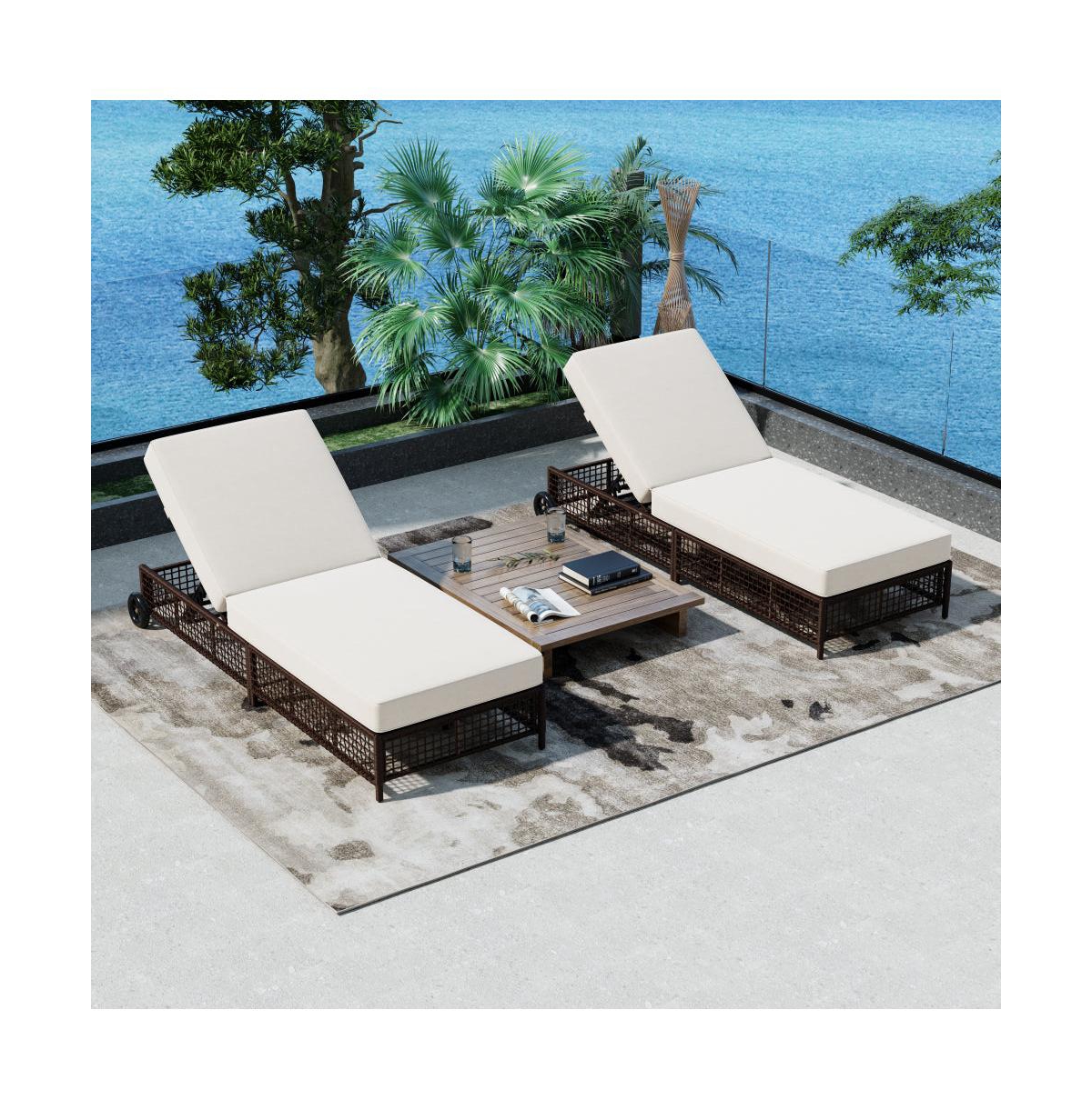 Chic Crate - Set of 2 Adjustable Rattan Pool Lounge Chairs with Wheels Waterproof Outdoor Patio Furniture for Backyard & Garden (Grey+Beige)