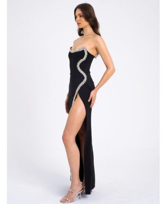 Women Xoana Black Crystal Embellished High Slit Gown