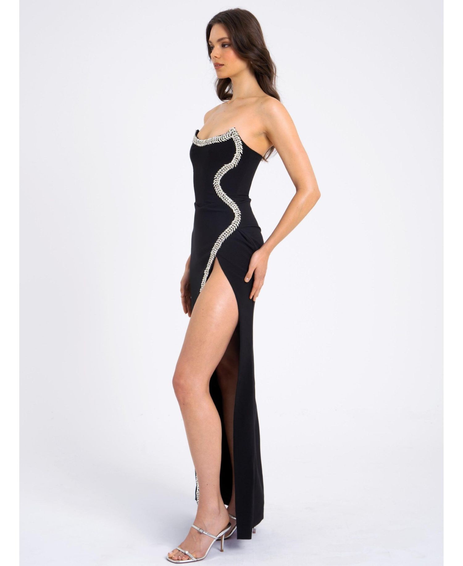 Women Xoana Black Crystal Embellished High Slit Gown