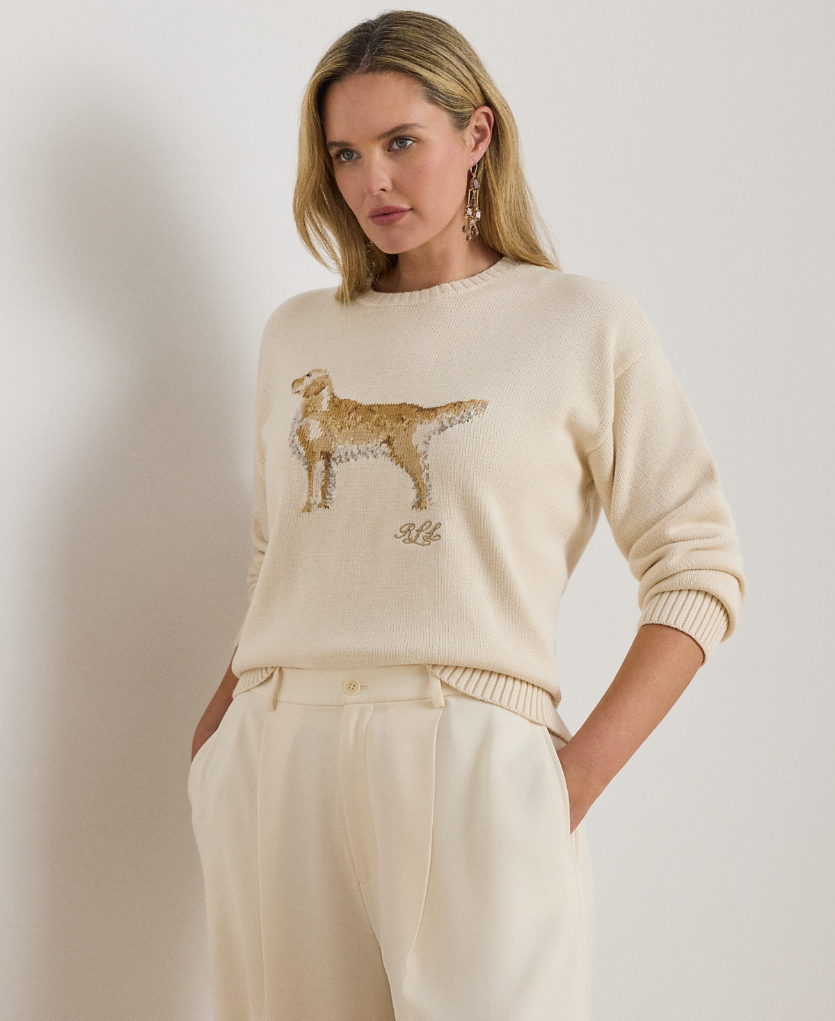 Ralph Lauren Plus Size Intarsia-knit Golden Retriever Crewneck Sweater In Brown