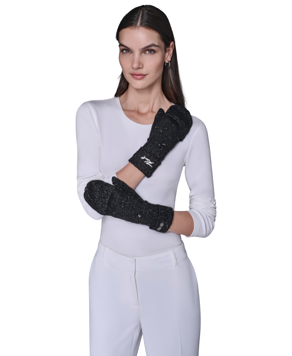 Karl Lagerfeld Women's Sequin Flip Top Gloves In Black