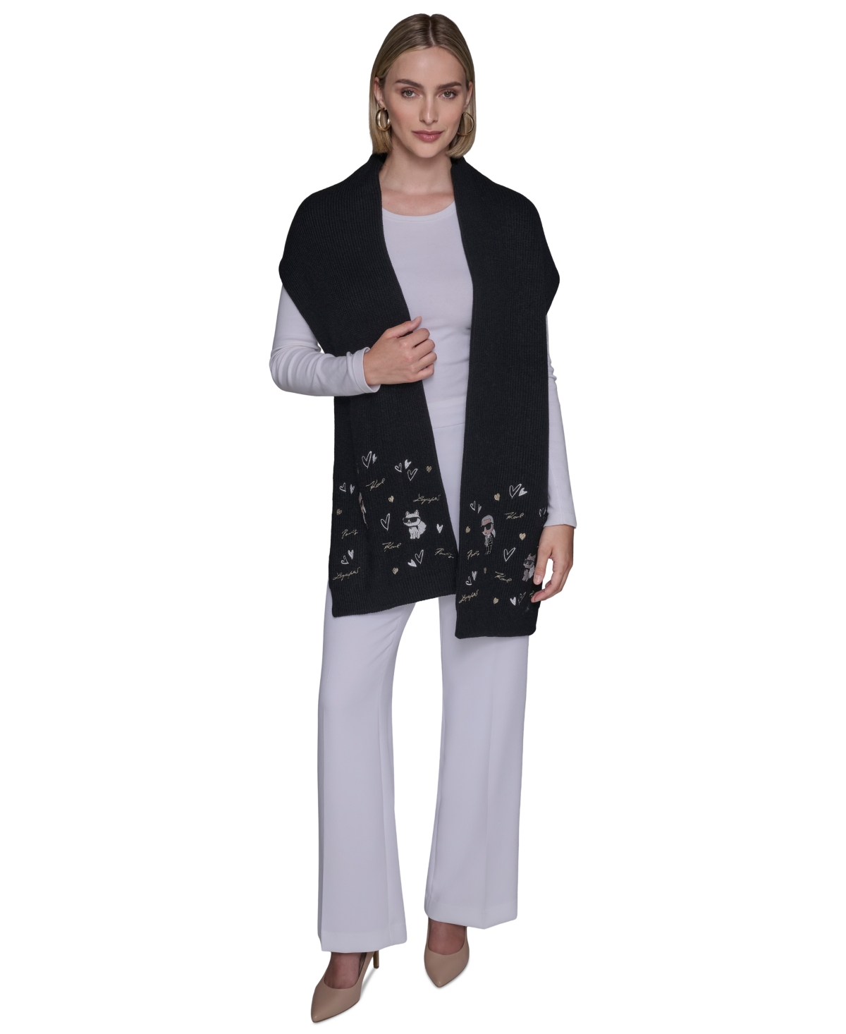 Karl Lagerfeld Women's Embroidered Karl Hearts Scarf In Black