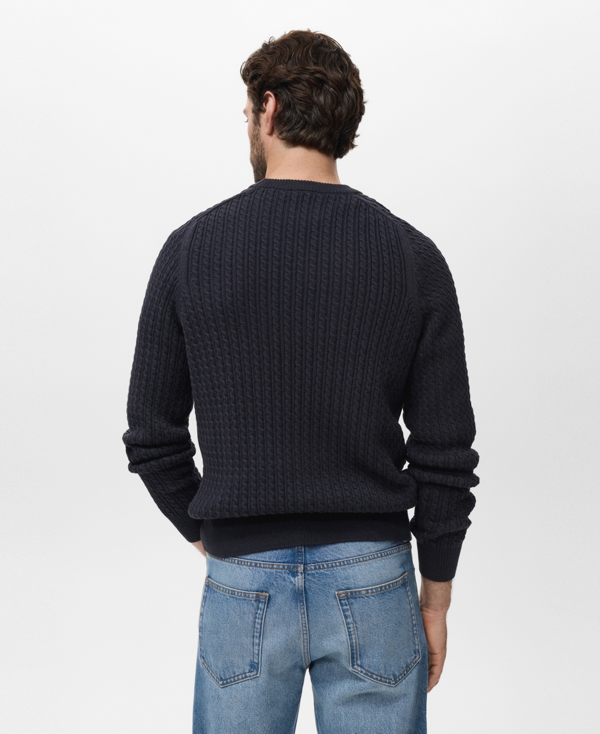 Mango Cabled Cotton Crewneck Sweater In Blue