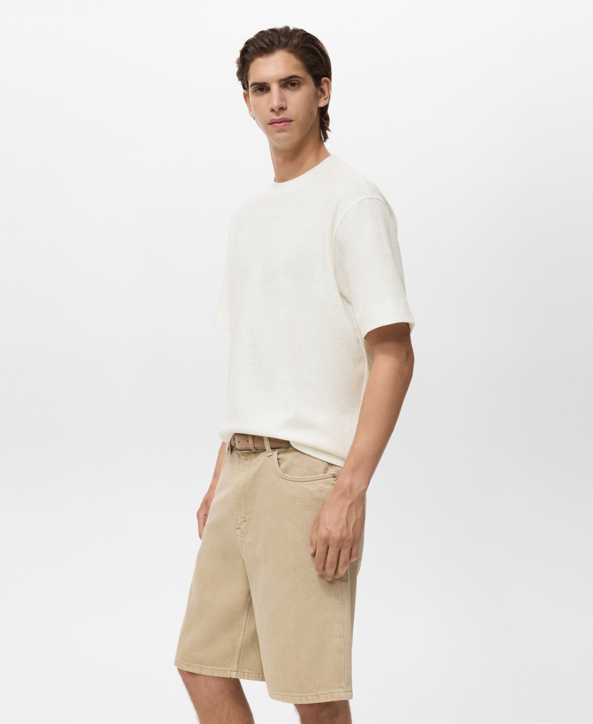 Mango Textured Cotton Blend T-shirt In White