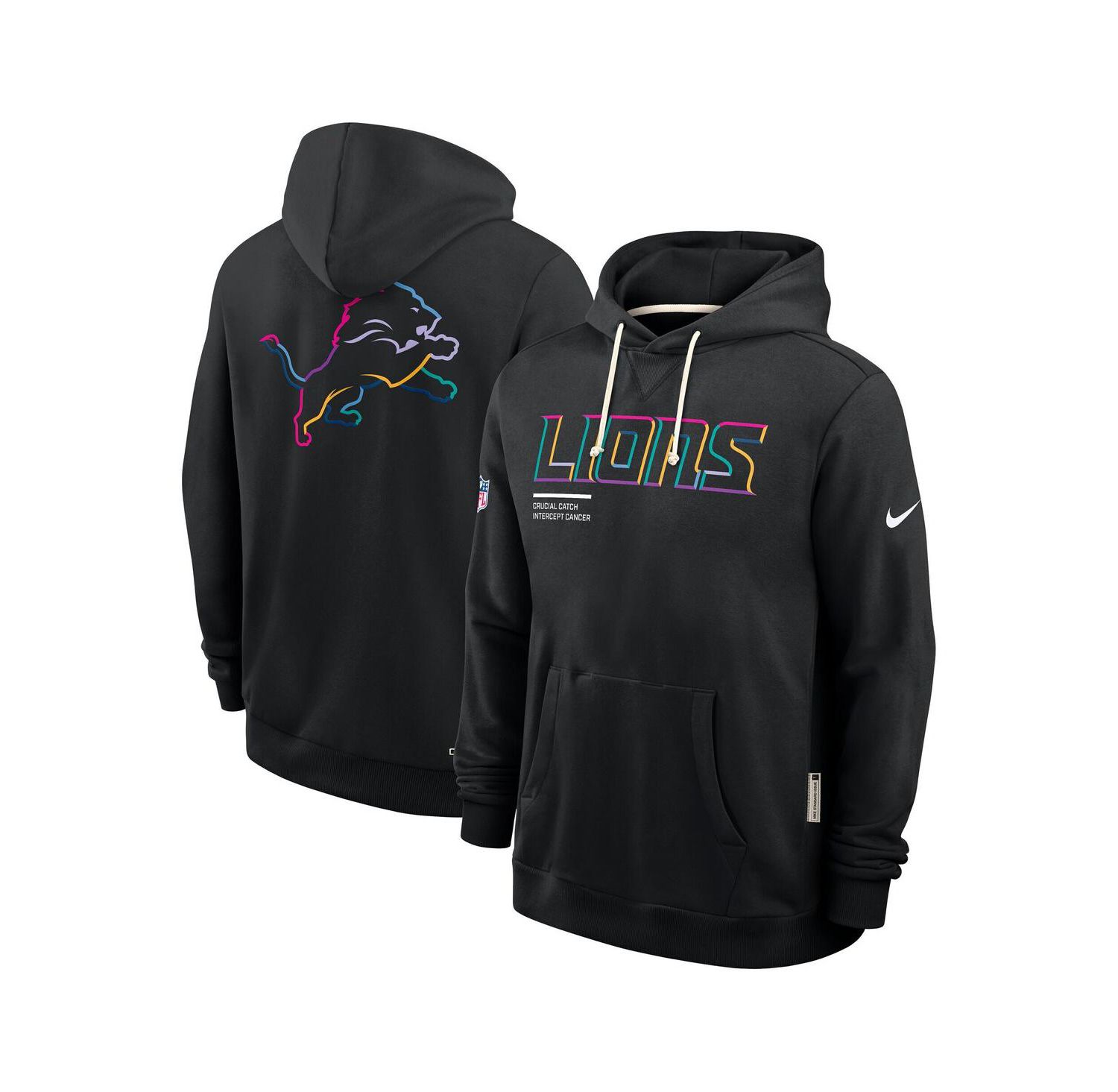 Men's Black Detroit Lions Tall 2025 NFL Crucial Catch Sideline Standard Issue Dri-FIT Hoodie