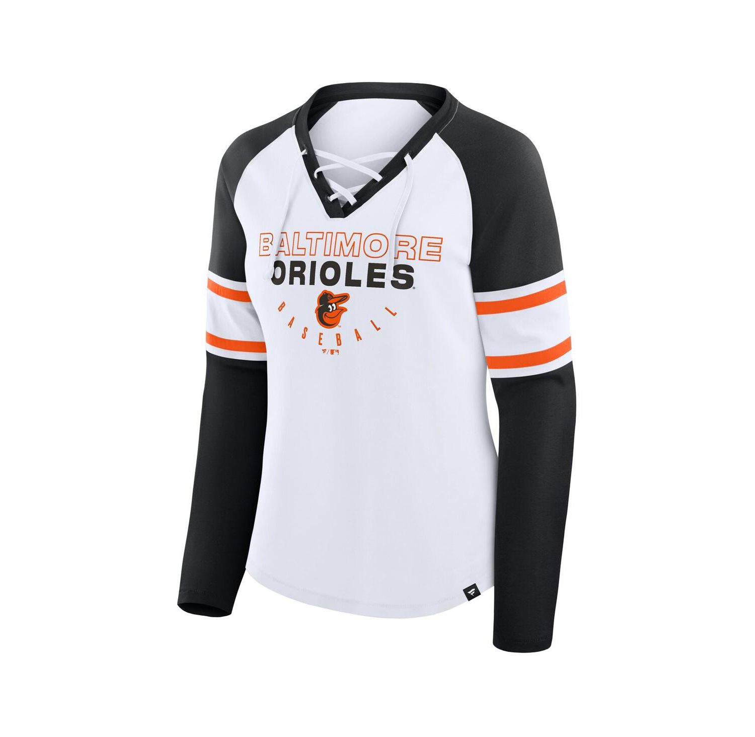 Women's White/Black Baltimore Orioles Blitz Package Raglan Lace-Up V-Neck Long Sleeve T-Shirt