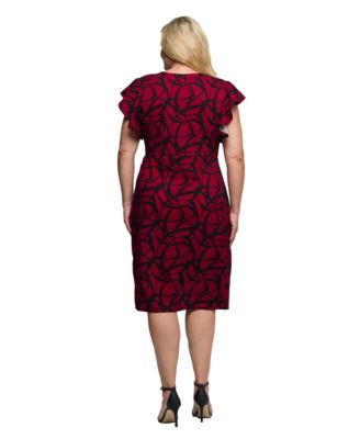 Plus Size Burgundy Print Flutter Sleeve Faux Wrap Dress