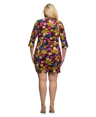 Plus Size Plum Floral Print Keyhole Neckline Sheath Dress