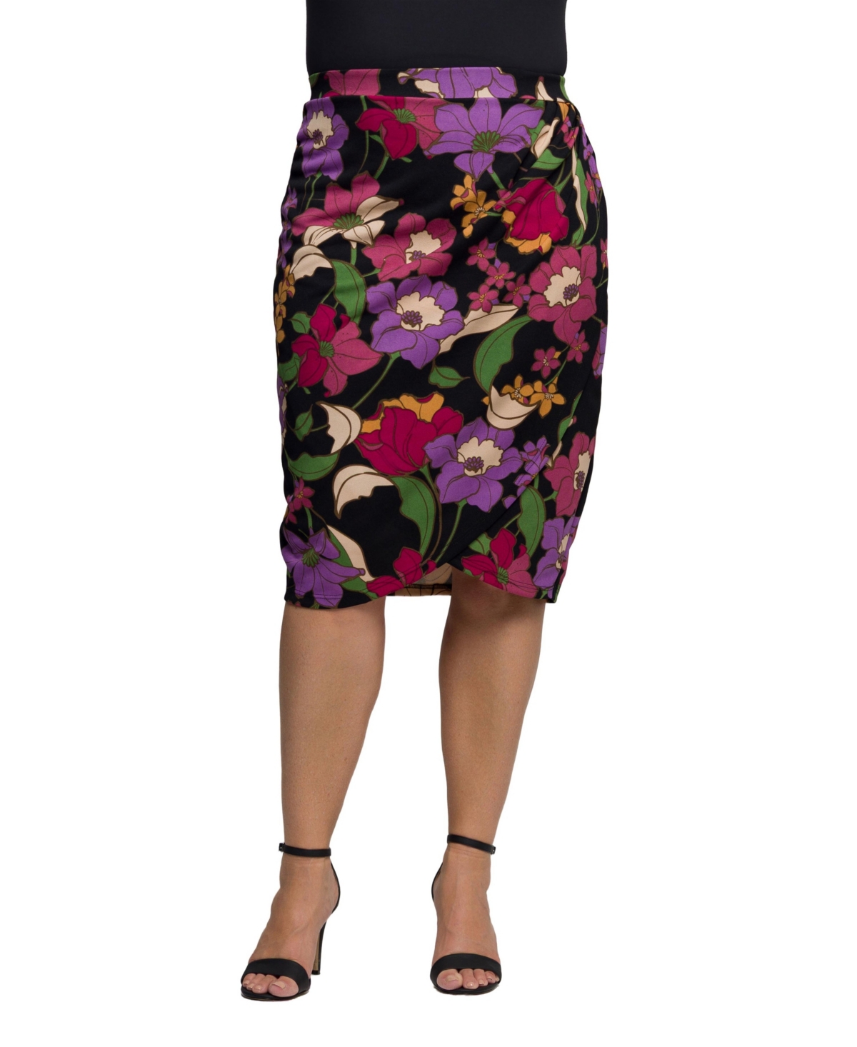 24seven Comfort Apparel Plus Size Black Multi Floral Print Midi Pencil Skirt In Multi