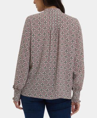 NYDJ Women's Pleated Peasant Blouse Long Sleeve Top