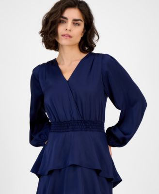 Women's Satin Surplice-Neck Tiered Midi Dress