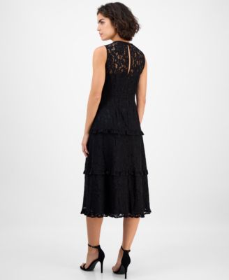 Women's Round-Neck Tiered Lace Midi Dress