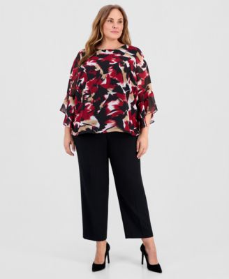 Plus Size Printed Chiffon Ruffled-Sleeve Top