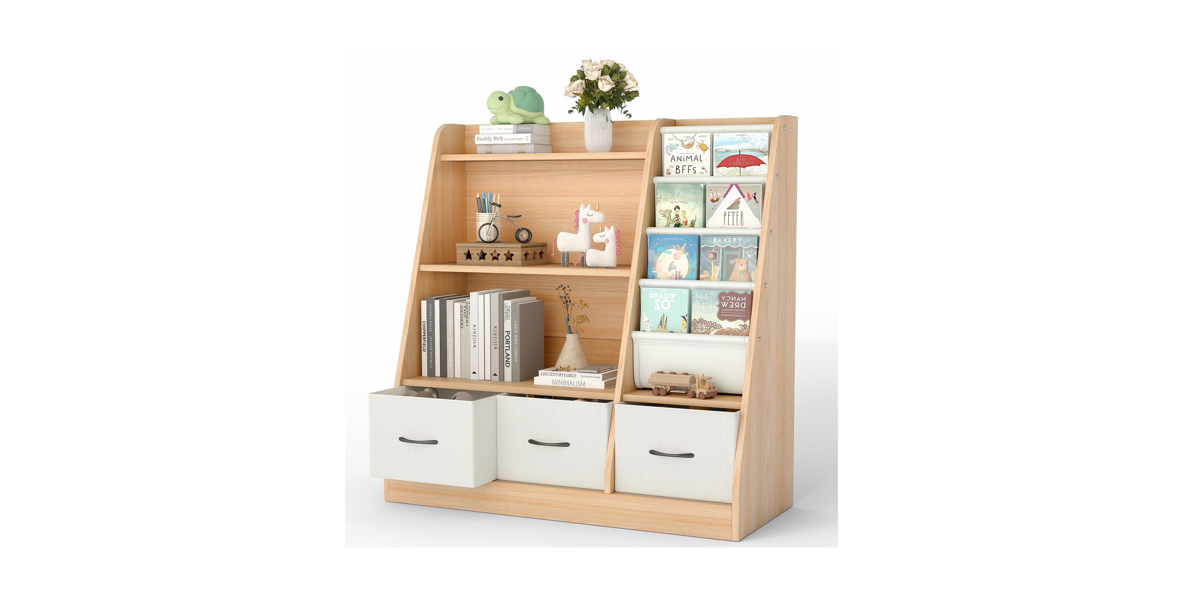 Wooden Kids Storage Organizer Shelf with Book Rack and Fabric Bins